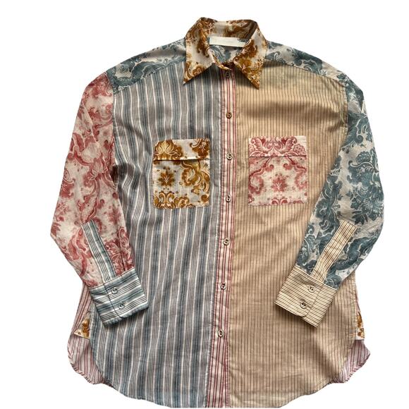 Zimmermann Spliced Patchwork Shirt Womens 1 US 6 Button Up 100% Cotton Neutral - Picture 12 of 13